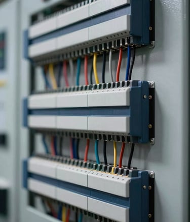 Close-up of a high-tech electrical control panel with organized wiring and digital components. Professional lighting, shallow depth of field, featuring metallic silver and dark blue tones to reflect reliability and modern technology.