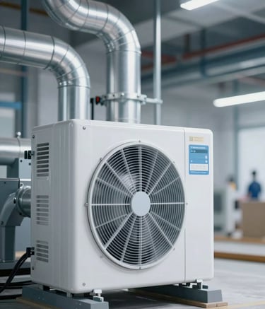 A modern industrial HVAC installation featuring clean ductwork and silver pipes against a professional construction background. The lighting is crisp, highlighting the precision of the installation with a palette of #34495E and #F8F9F9.