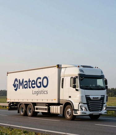 Side profile of a modern white DAF XF 480 truck with a trailer featuring a minimalist MateGO Logistics logo in deep navy blue, driving on a clean highway in a Central European / Polish landscape during a bright morning.