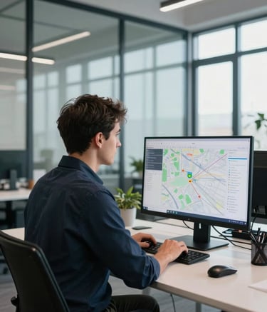 A professional logistics coordinator in a modern Central European / Polish office setting, looking at digital maps on a screen, minimalist glass office interior with steel blue accents, bright daylight.