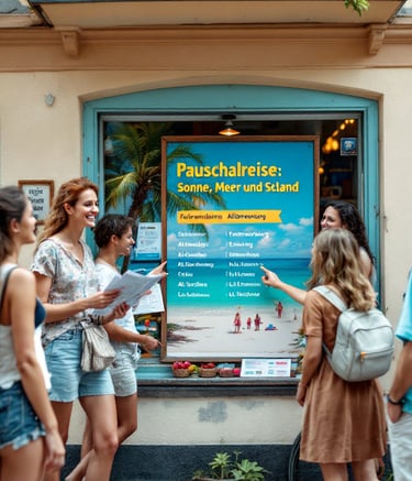 Eine Gruppe von Menschen steht vor einem Schaufenster und sieht sich ein Plakat zu Pauschalreisen an