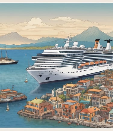 ein Kreuzfahrtschiff im Wasser mit einem Boot im Hintergrund