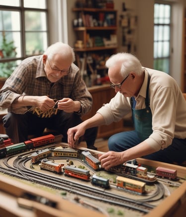 a man and woman are playing with a train set