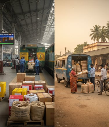 a train station with people standing around a train