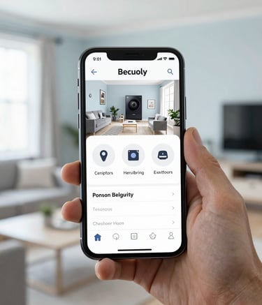 A close-up photograph of a smartphone displaying a home security interface, held by a person in a bright, modern North American living room. The lighting is clean and professional, with soft pale blue and white tones in the background.
