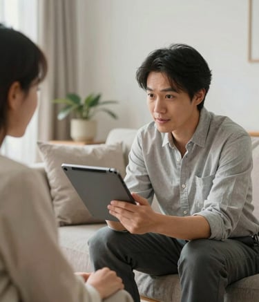A medium shot of a professional consultant helping a homeowner with a tablet in a bright, modern living room. The atmosphere is helpful and expert, featuring soft lighting and a clean North American home aesthetic.
