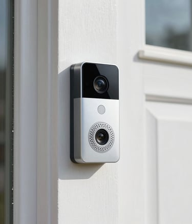 A sharp, clear photograph of a modern smart video doorbell mounted on a clean white doorframe of a suburban North American house. The image uses natural daylight to highlight the sleek design and professional installation.