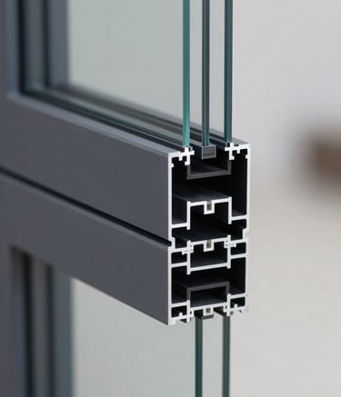 Close-up detail of a structural glazing system with dark aluminum profiles (#1A202C) and high-performance glass. The lighting is crisp and natural, highlighting the precision of the engineering and the clean, modern joints typical of high-end architectural solutions.