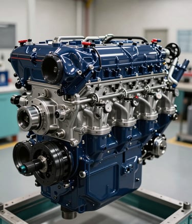 A close-up, professional photograph of a high-performance marine diesel engine. The engine features Deep Navy Blue and polished metal parts, sitting in a clean, well-lit engine room with Steel Teal accents. The lighting is bright and efficient, highlighting the robust engineering.