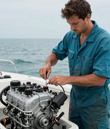 A skilled marine technician in Steel Teal overalls working precisely on a gasoline boat engine. The composition is a medium shot showing the technician's hands using professional tools, with a Sea Mist Blue ocean background visible through a portal.