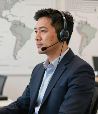 A professional telecommunications operator wearing a high-tech headset in a modern South American / Brazilian office, background features faint circuit patterns and maps, professional natural lighting, navy and off-white color palette.