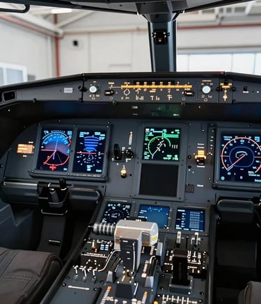 Detailed close-up of a modern aircraft cockpit avionics panel with glowing navigational displays, professional lighting in a South American / Brazilian aviation hangar setting, showcasing technological precision.