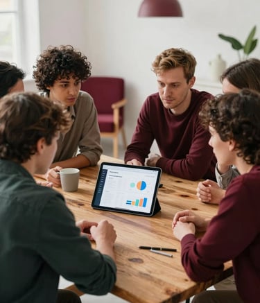 A team of creative professionals at Pomodoro Agency brainstorming around a rustic wooden table. They are looking at a digital tablet showing social media analytics. The environment is a bright, modern studio with Scandinavian furniture and subtle Deep Ripe Crimson accents.