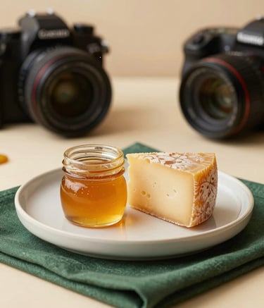 A professional food photography setup in a studio with warm, natural light. A high-end minimalist plate of artisanal local honey and cheese is being shot with a professional camera. The scene uses Crisp Parchment backdrops and features a Matte Forest Green napkin, reflecting a sophisticated Scandinavian aesthetic.