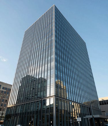 A wide-angle architectural photograph of a sleek, modern glass building in a clean North American urban setting. The sky is clear sky blue, and the lighting is crisp, emphasizing the professional and trustworthy atmosphere of the business.