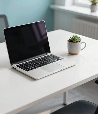 A high-angle, bright photograph of a clean, white modern desk featuring a silver laptop, a ceramic coffee mug, and a small green succulent. The background is a professional North American office space with soft morning light, incorporating sky blue and very light cyan accents.