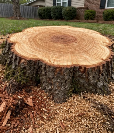 Red oak stump after tree removal in Savannah, TN with fresh cut surface, visible tree rings, and saw