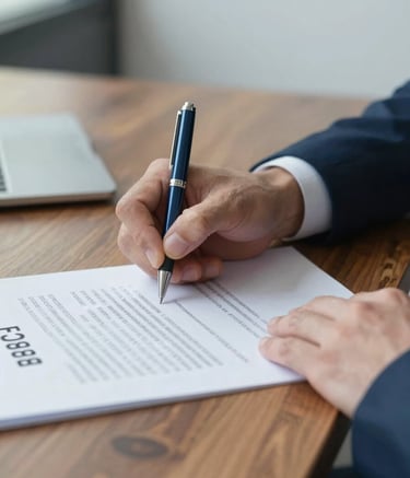 A close-up shot of a professional signing a secure document on a wooden desk. The composition is focused on the hand and the pen, suggesting trust and legality. The lighting is bright and natural. The scene includes subtle accents of #3D6B90 and #BCCBD4 in the desk accessories and paper details, reflecting a modern financial environment.