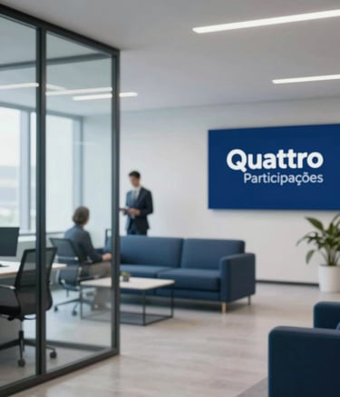 A wide-angle shot of a sophisticated, modern corporate office interior for Quattro Participações. The design is clean and professional with glass partitions. The color palette features #0A1C2C and #BCCBD4 furniture and decor. Two professionals are seen in soft focus in the background, conveying efficiency and stability.