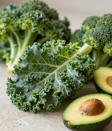A close-up, high-quality photograph of fresh, vibrant vegetables like kale, broccoli, and avocados on a clean stone countertop. The lighting is soft and natural, emphasizing a sophisticated health aesthetic. The color palette incorporates subtle tones of #84A98C and #F5F5DC.