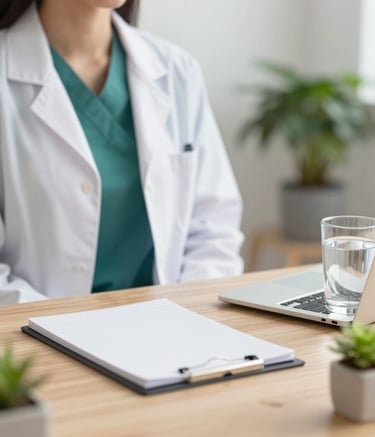 A modern and professional nutritionist's workspace featuring a clean wooden desk, a minimalist notepad, a glass of water, and a small green plant. The atmosphere is calm, trustworthy, and approachable, using a palette of #52796F and #F5F5DC.