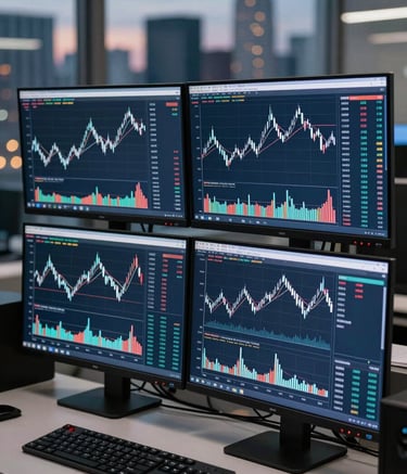 A sleek, high-end North American trading desk with multiple monitors displaying complex financial data and candlestick charts in shades of navy and grey-blue. The background shows a blurred International cityscape at dusk.