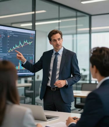 A professional North American business mentor in a modern glass-walled office, gesturing towards a digital display showing market trend analysis to a focused colleague. Sophisticated atmosphere with cool blue and off-white lighting.