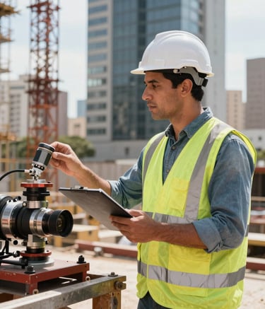 A professional South American construction specialist in safety gear inspecting a complex technical installation, sharp focus, natural daylight, modern urban construction site background in Brazil, professional and technical mood.