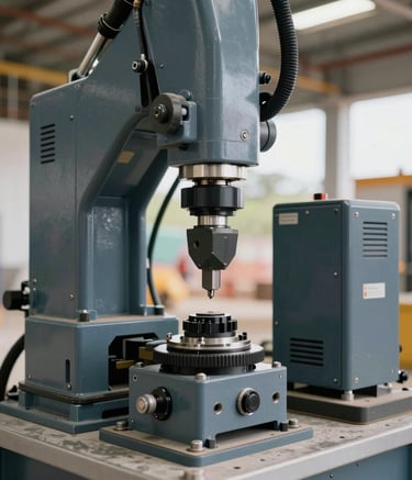 Detailed photography of specialized technical equipment being used on a modern South American construction site, focus on mechanical precision, blue and slate gray tones, industrial aesthetics.