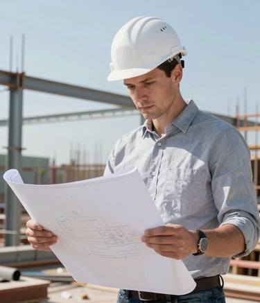 A high-resolution photograph of a professional Northern European architect in a white hard hat reviewing blueprints on a bustling construction site, with steel frames and light blue slate sky in the background, clean and professional lighting.