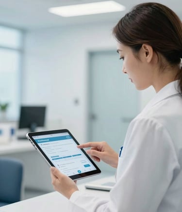 A modern, brightly lit North American hospital administration office. A professional administrator uses a high-tech tablet with a clean user interface. The background features soft light blue and white colors, clean lines, and a sense of calm, efficient healthcare technology.