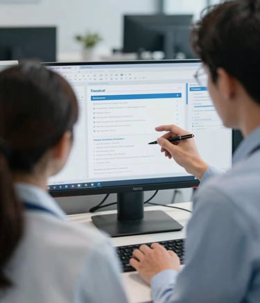 A close-up of a collaborative workspace in a North American medical technology office. Two professionals in modern business attire discuss data on a large monitor showing clean, professional software interfaces. Lighting is bright, natural, and the color palette features medium blue and soft white tones.