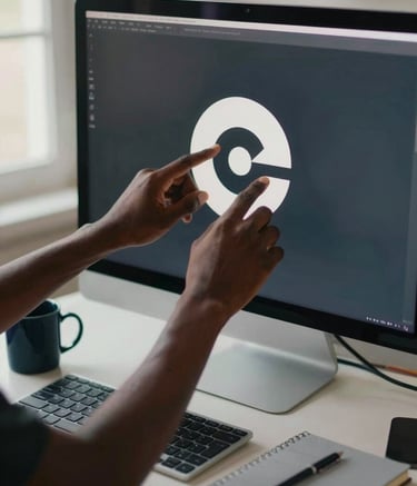 A close-up photograph in a Central African / Congolese modern graphic studio. A professional's hands are adjusting a logo on a large computer screen. The workspace is clean and organized, featuring items like a dark blue mug and a light grey notebook, with soft natural light coming from a window.