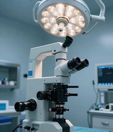A high-precision surgical microscope in a modern North American medical facility, clean and sterile environment with soft deep blue accents, professional surgical lighting, cinematic composition.