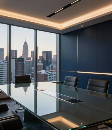 A sophisticated North American / US executive board room with clean architectural lines, featuring a large glass table reflecting soft gold and deep navy interior accents, with a view of a city skyline at dusk.