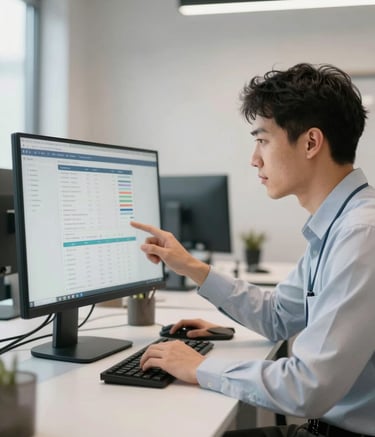 A professional specialist in a modern North American / US workspace analyzing data on a sleek, minimalist monitor, with high-end steel blue and off-white office decor in the background.