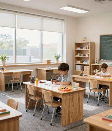 Interior shot of a modern North American / US classroom featuring wooden learning materials and grey rugs. Large windows let in bright light, highlighting a clean and stimulating environment for children. High-end photography.