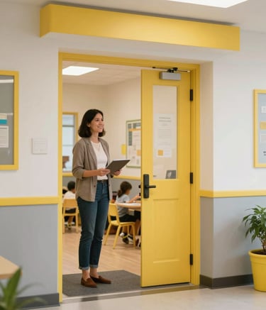 A warm and bright North American / US preschool entrance. A friendly educator stands in a hallway decorated with yellow and grey accents, welcoming parents. Professional photography, soft natural lighting, clean and nurturing atmosphere.