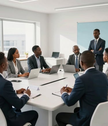 A high-end corporate training session taking place in a modern, sun-drenched seminar room in Sub-Saharan Africa. Professional consultants in business attire are engaged in a collaborative workshop, with a focus on high-quality advisory services. The room features clean white walls and pale blue accents, reflecting a sense of reliability and strategic growth.