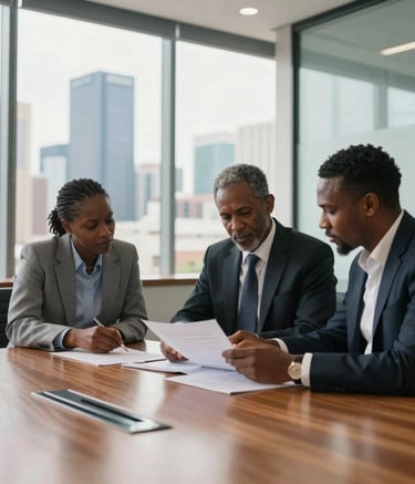 A professional strategic planning session in a sleek, glass-walled boardroom in a Sub-Saharan Africa business district. The composition shows two executives reviewing documents on a clean wooden table, with a view of a modern skyline in the background. The lighting is bright and natural, conveying trust and forward-thinking expertise.