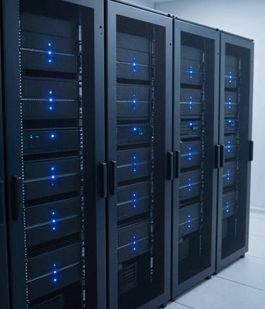 A sophisticated, high-angle photograph of a modern server room, featuring deep navy blue server racks and soft blue indicator lights in a pristine, Scandinavian-style clean environment.
