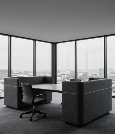 A wide-angle, professional photograph of a minimalist Scandinavian executive office with charcoal gray furniture and a panoramic view, capturing an atmosphere of trust and high-end enterprise security.