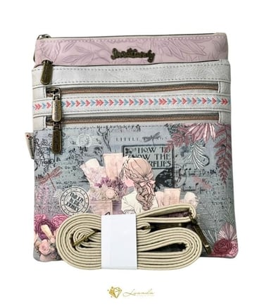 Bandoulière Sweet Candy illustrée avec fleurs et papeterie vintage – tons gris et rose