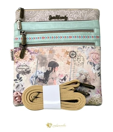 Bandoulière Sweet Candy illustrée avec fleurs pastel et scène de promenade – tons crème et vert ment