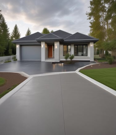 Steps made of solid concrete leading up to a residential front door, framed by brown mulch.