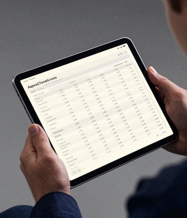 Close-up of a professional tablet displaying financial spreadsheets and price indices, held by a man in work gear, Soft Off-White lighting, Dark Charcoal Blue and Silver Grey background.