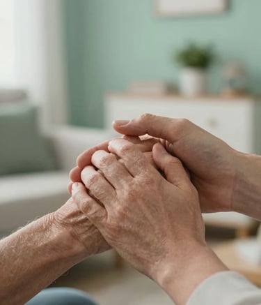 A close-up photograph of a younger hand gently holding an older hand in a supportive gesture, set within a cozy North American / US home. The background features soft, out-of-focus Muted Sea Green and Mist White decor, creating a serene and trustworthy atmosphere.