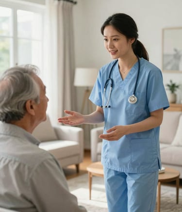 A professional caregiver in clean, modern attire engaged in a friendly conversation with an elderly person in a bright North American / US living room. The room is decorated in elegant Pale Sky Blue and Mist White tones, illuminated by soft morning light.