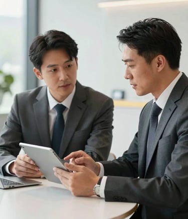 A professional North American / US business meeting in a brightly lit, modern corporate environment. Two professionals in business attire are engaged in a collaborative discussion over a tablet, symbolizing bilingual accessibility and intelligent service. The atmosphere is upscale with subtle gold and silver color accents in the background.