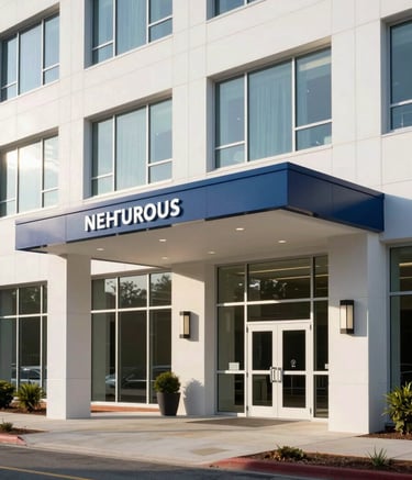A professional and modern architectural shot of a corporate building entrance in North Carolina. The lighting is crisp morning light, emphasizing clean white surfaces and navy blue branding elements. The composition is structured and intelligent.